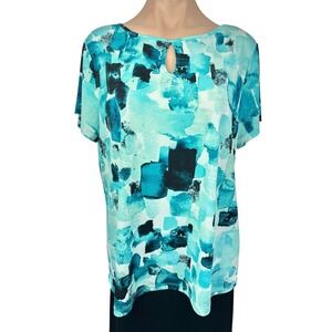 Chico's Easywear Size 2/L Pullover Top Blouse Short Sleeve Blue,White Design